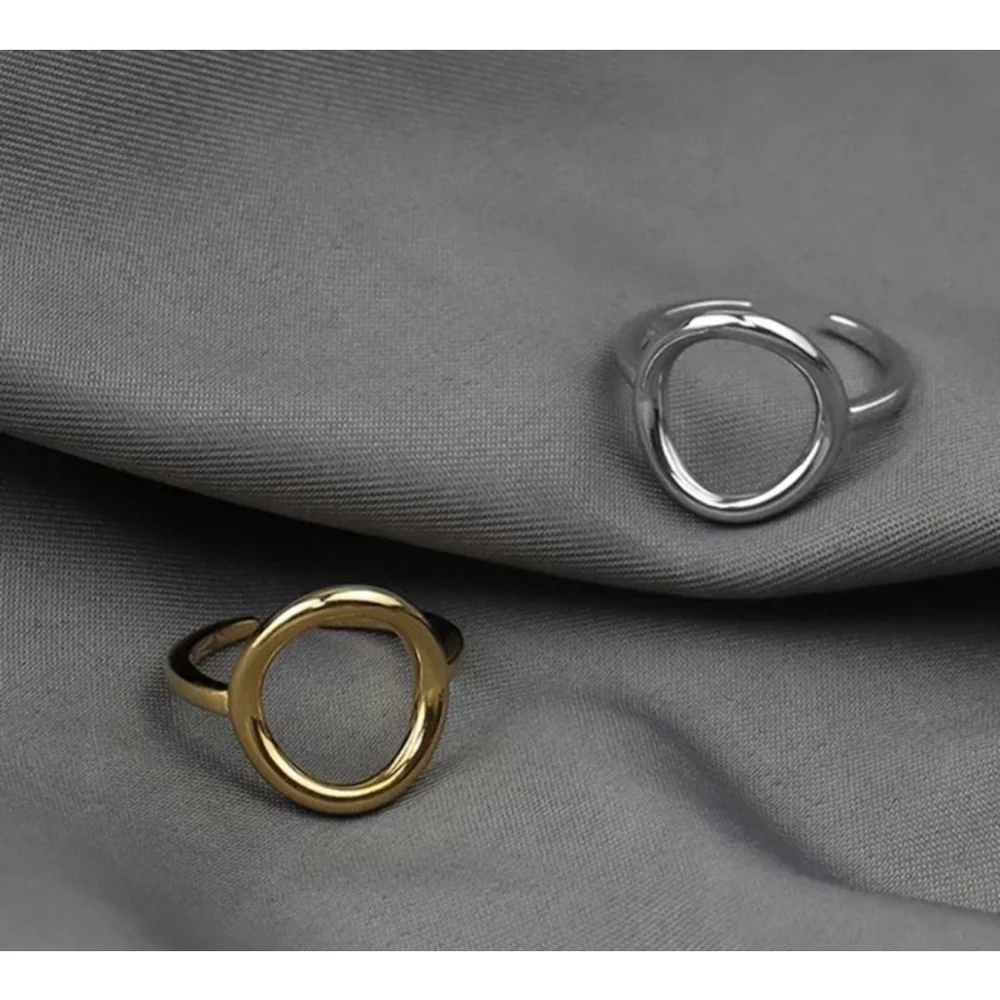 Unisex Geometric Open Circle‎ Karma Ring, White Gold Plated S925, Adjustable